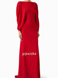 Elegant Ruched Jersey Evening Gown with Long Sleeves