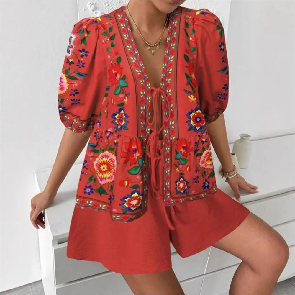 Printed Cardigan Short-sleeved Top Shorts 2-piece Set LADYLYS