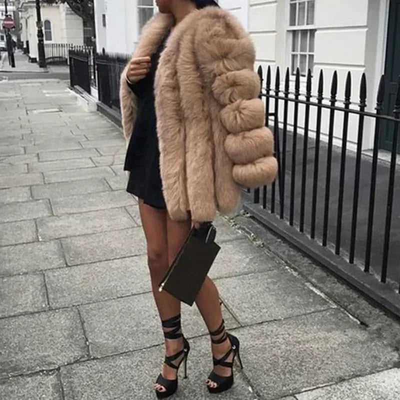 Women's Short Faux Fur Jacket with Puff Sleeves