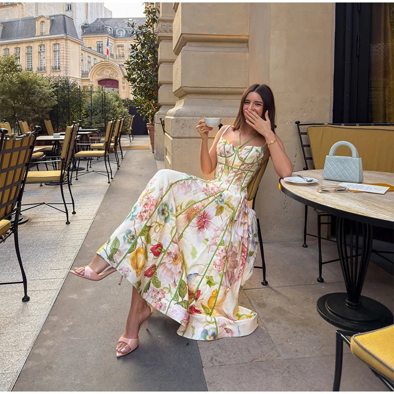 Floral Print Halter Neck Corset Waist Maxi Dress Elegant LADYLYS