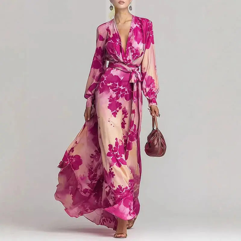 Elegant Party Dresses Woman Chic Floral Print V Neck LADYLYS