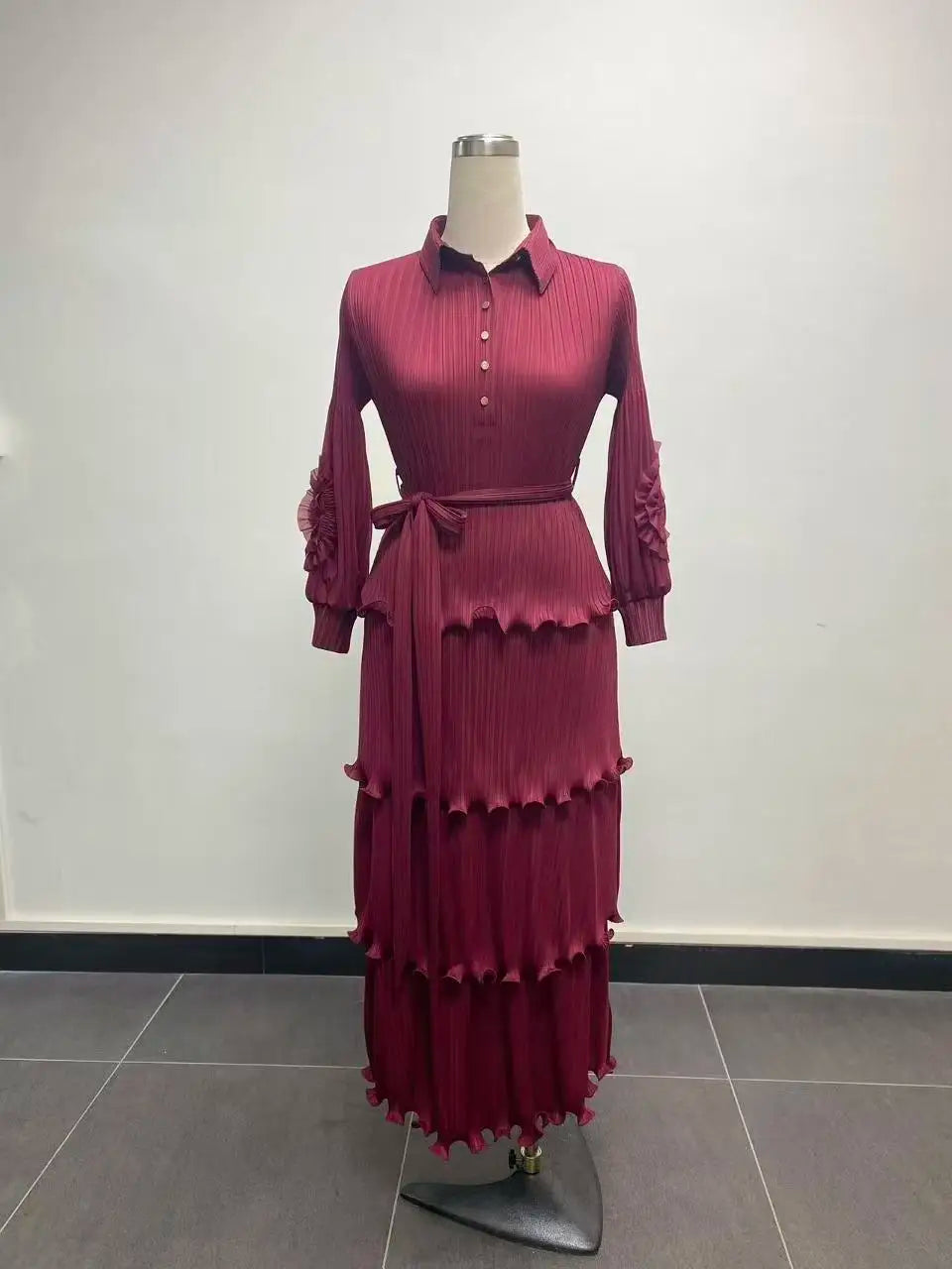 Women's Miyake Pleated Tiered Maxi Dress – Petal Sleeve Belted Long Dress | Elegant African Style