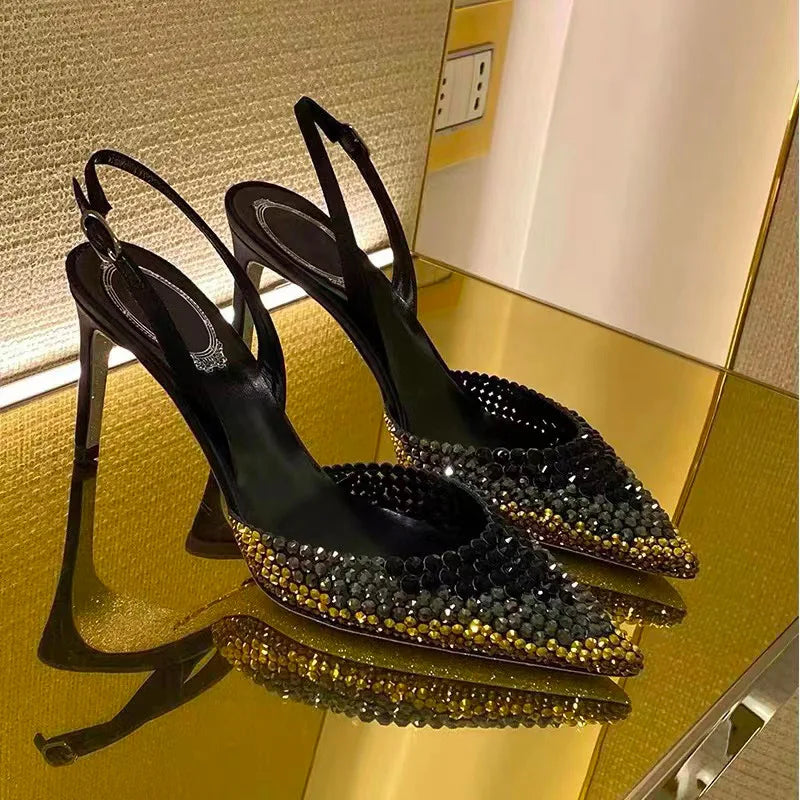 Luxury Rhinestones Gradient Slingbacks Women Pumps Fashion Bling Crystal LADYLYS