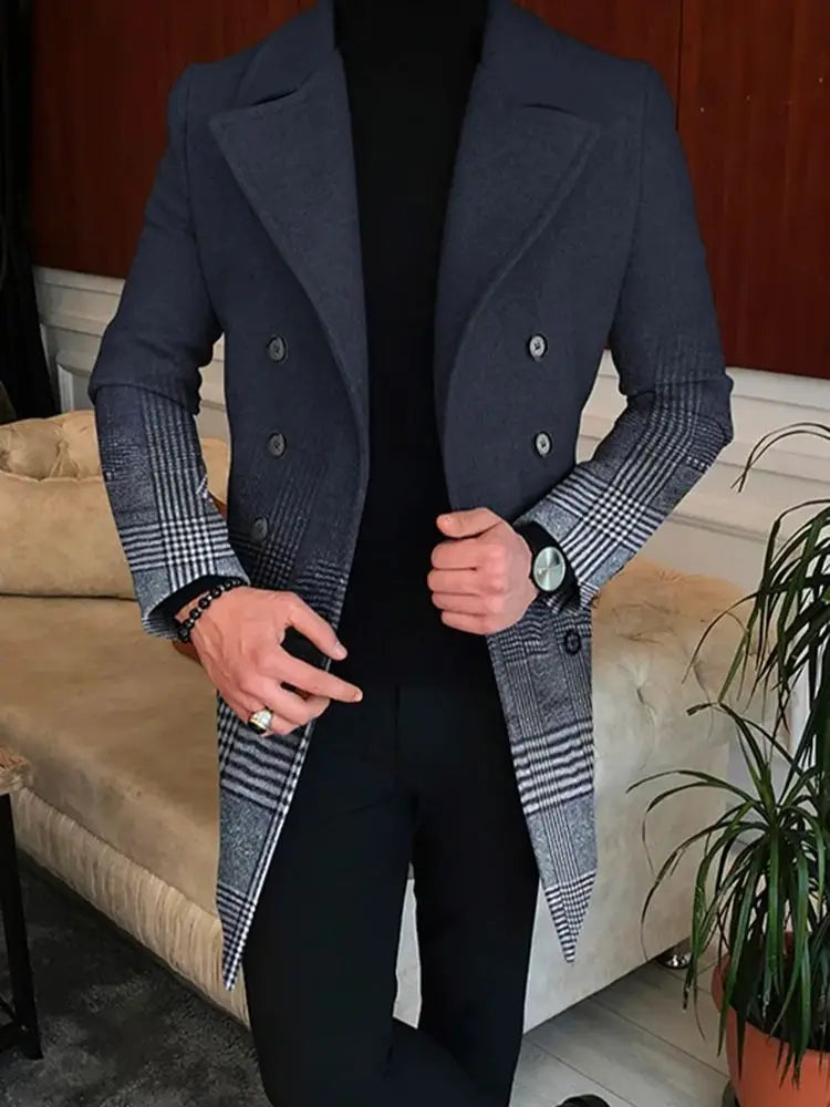 Men's Printed Long Overcoat with Lapel Collar and Button Front