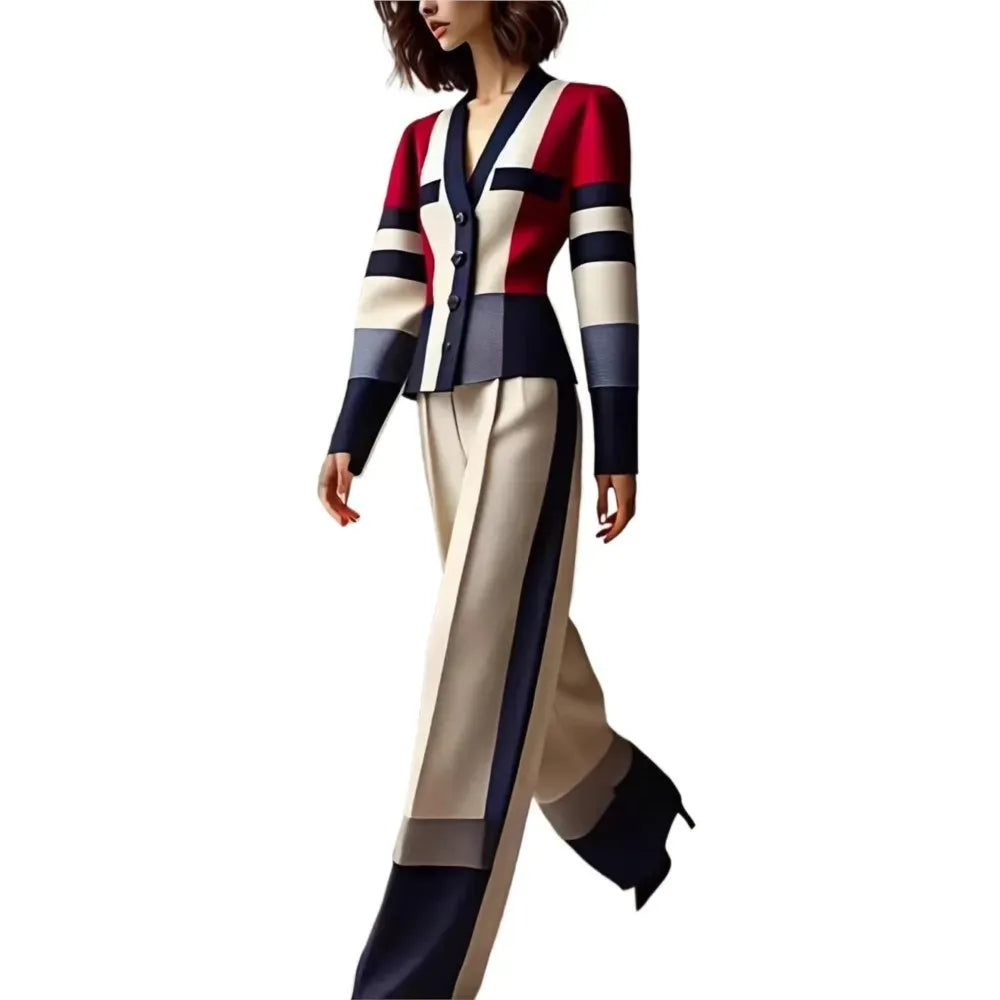 Women's Red Colour-Block Blazer & Trousers Set