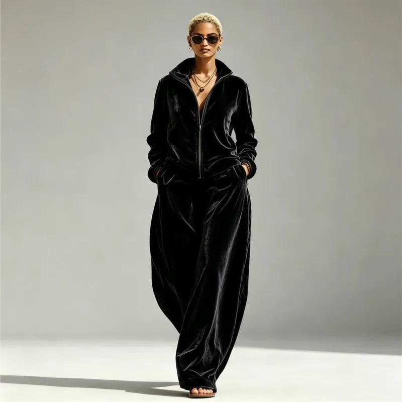 Women's Velvet Two-Piece Set with Wide-Leg Pants