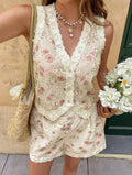 Women Floral Print Eyelet Embroidery Two Piece Set Summer Casual Lace Sleeveless V Neck LADYLYS