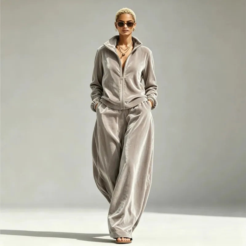 Women's Velvet Two-Piece Set with Wide-Leg Pants