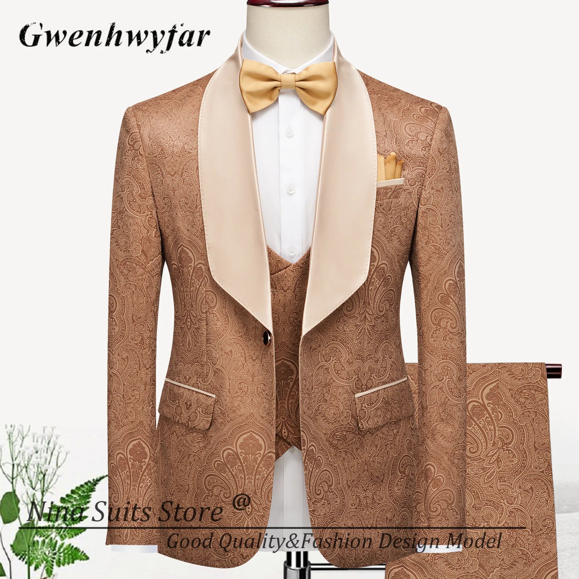 Men Suits Cashew Flower Jacquard Tuxedos Groom Wear Formal Party Suit LADYLYS
