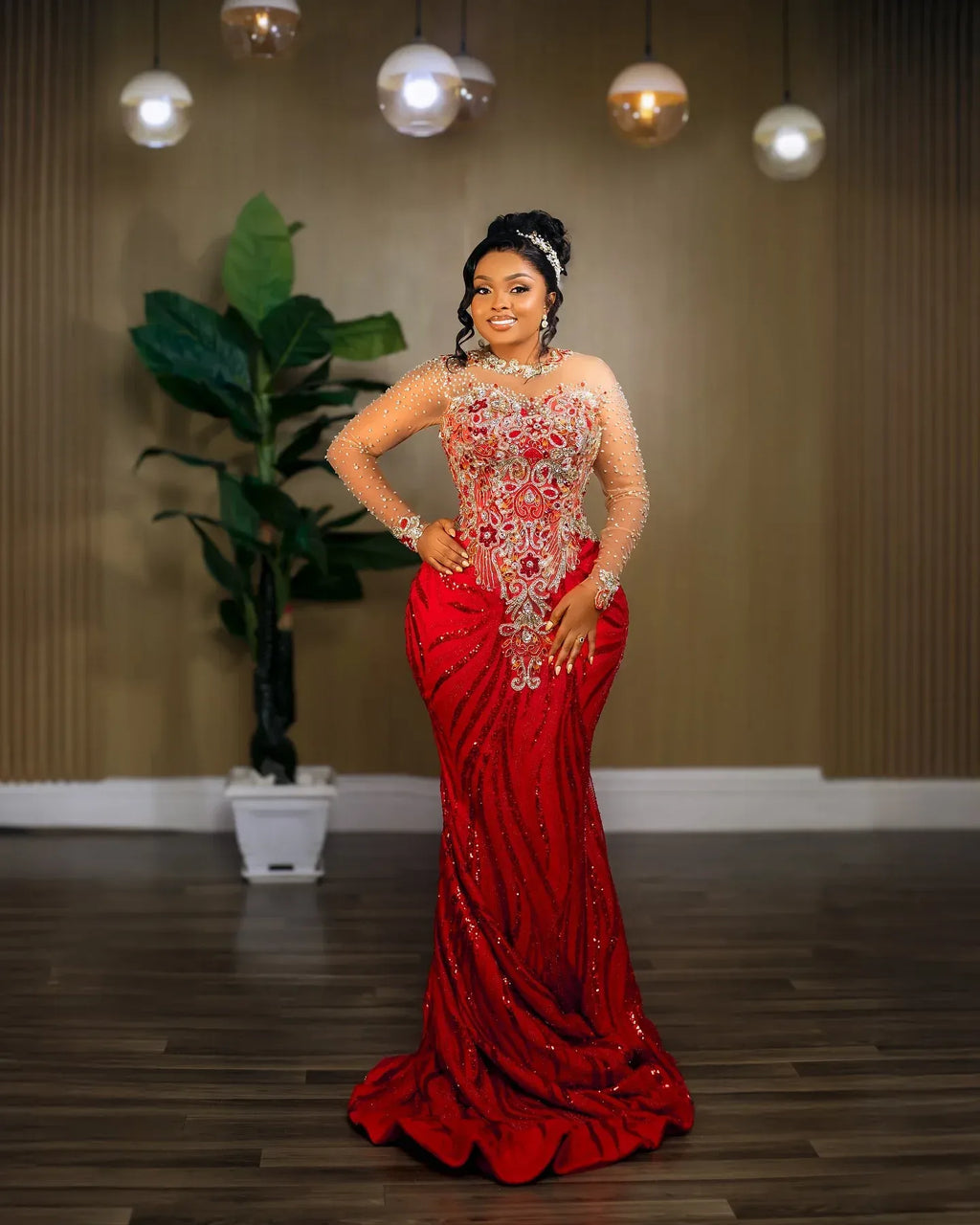 High-Neck Crystal & Beaded Lace Mermaid Evening Gown