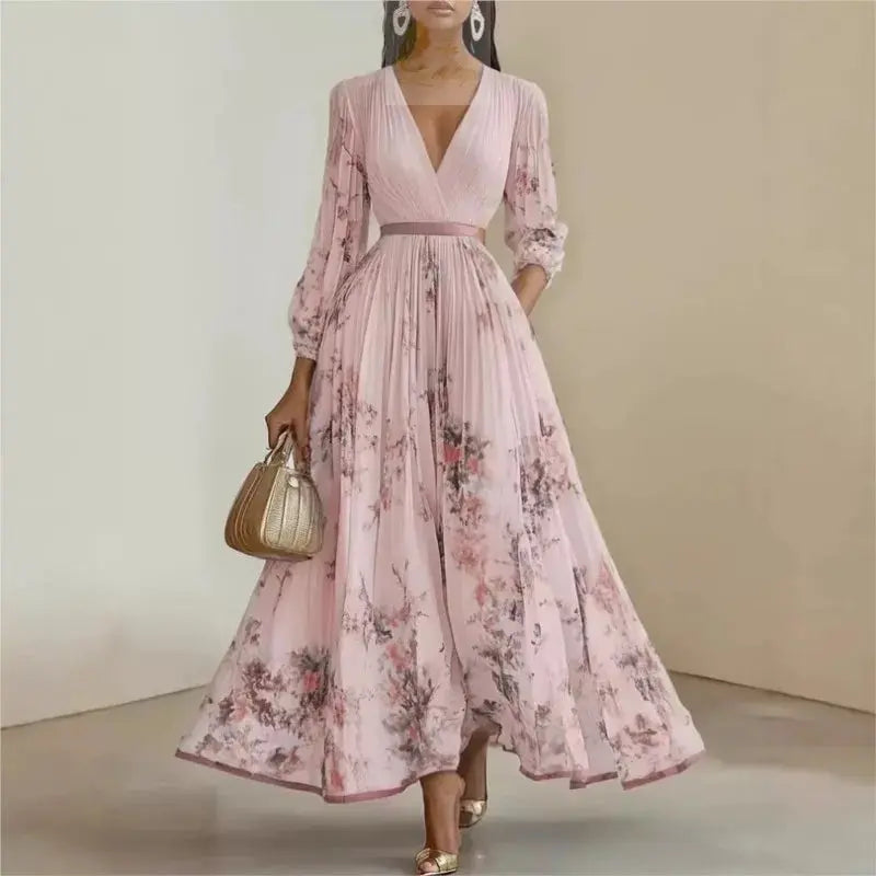 Pleated Dress New Spring Autumn Florat Printed Deep V-neck Long-sleeved Fashion Maxi Elegant LADYLYS