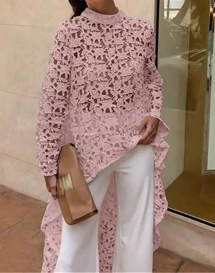 Women's Hollow Crochet Lace Shirt — Loose Long Sleeve Casual Top LADYLYS