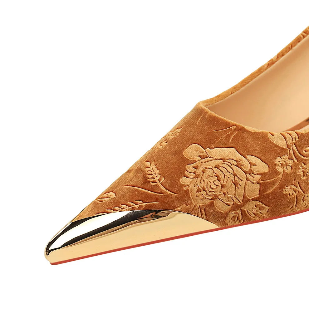 Vintage Suede Print 4cm High Heels Pumps Female Chic Metal Pointed Toe Elegant LADYLYS