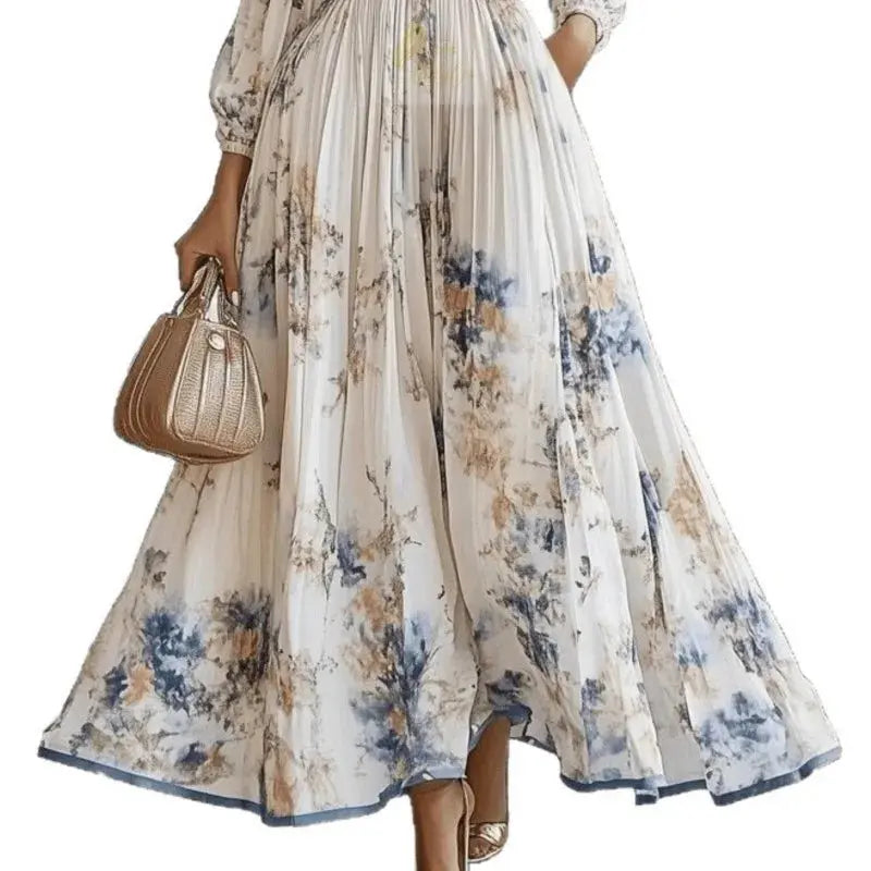 Pleated Dress New Spring Autumn Florat Printed Deep V-neck Long-sleeved Fashion Maxi Elegant LADYLYS