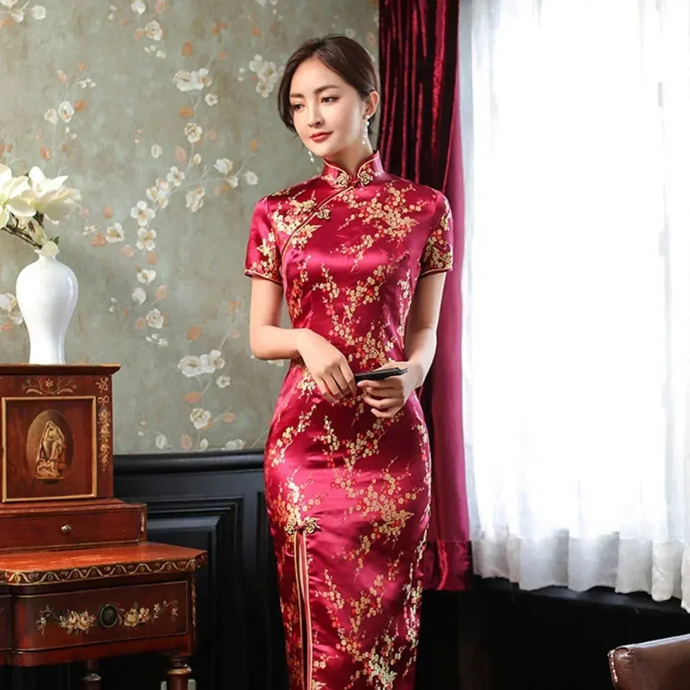 Printed Short-Sleeve Qipao-Inspired Midi Dress