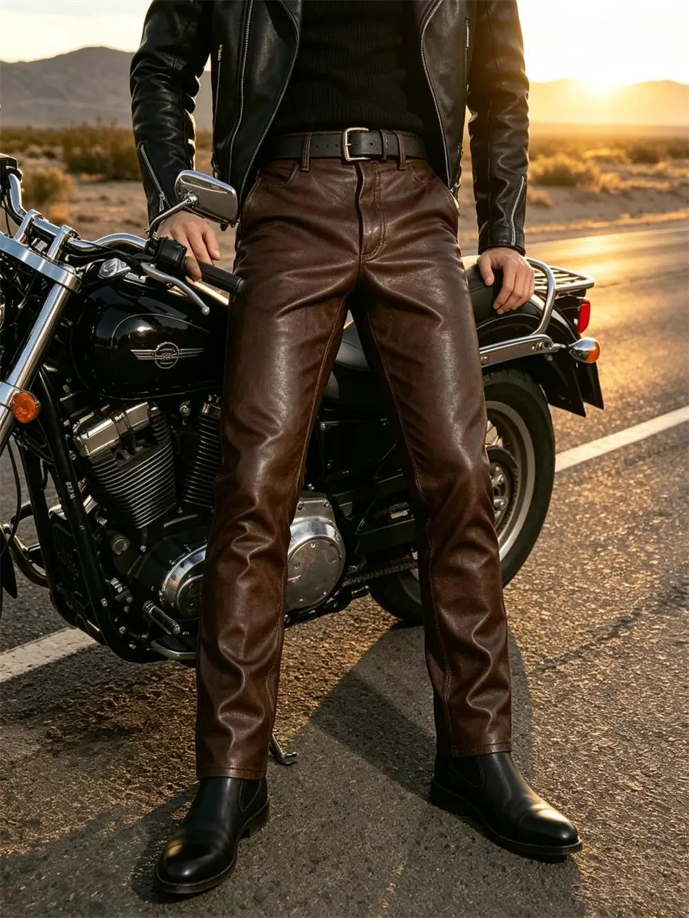 Men's Faux Leather Straight-Leg Biker Pants