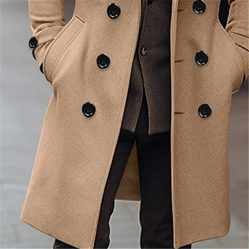 Men's Woolen Coats Business Casual Fashion Double Breasted Long Woolen Trench LADYLYS