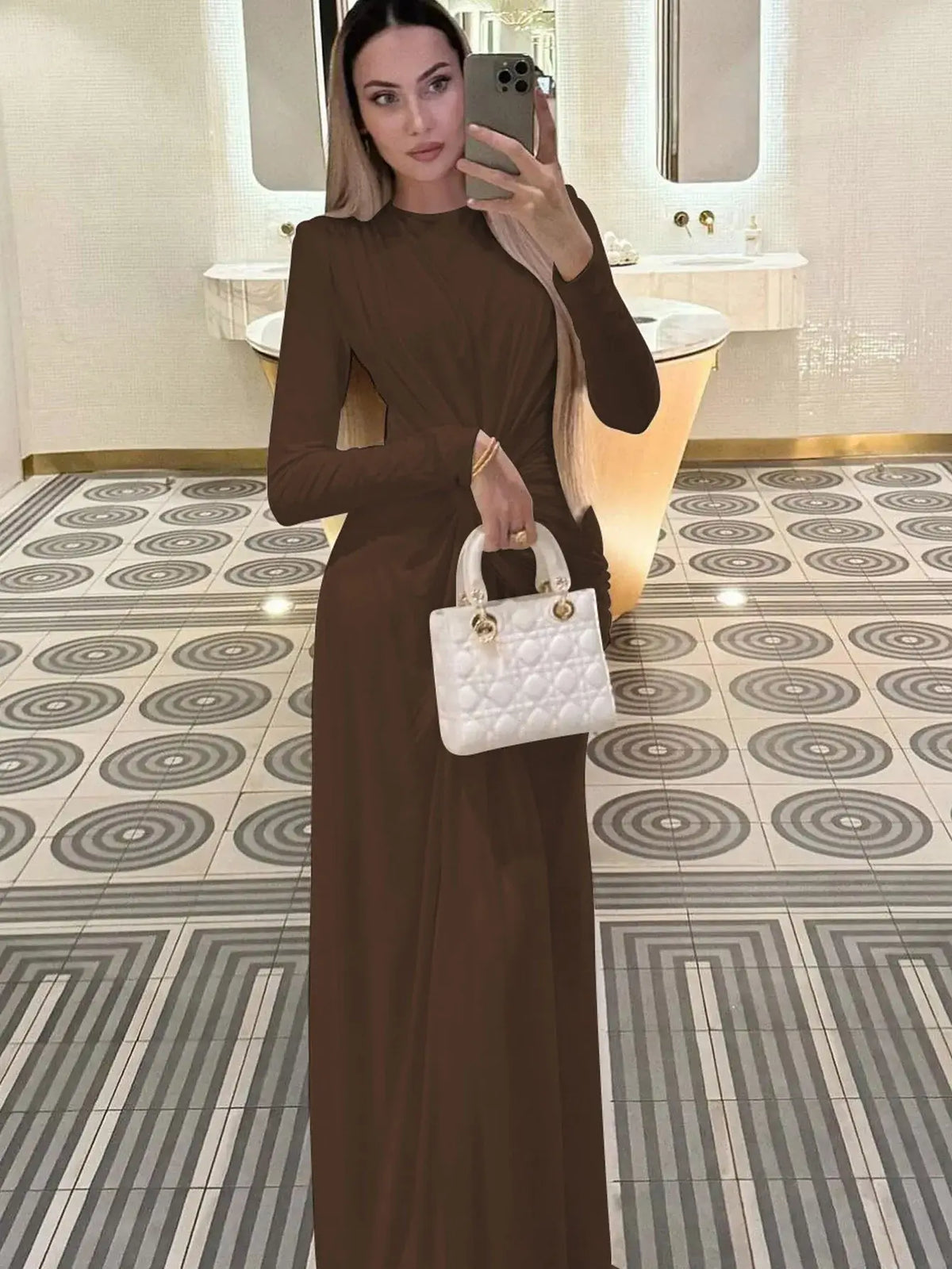 Ruched Bodycon Maxi Dress with Long Sleeves and Fishtail Hem
