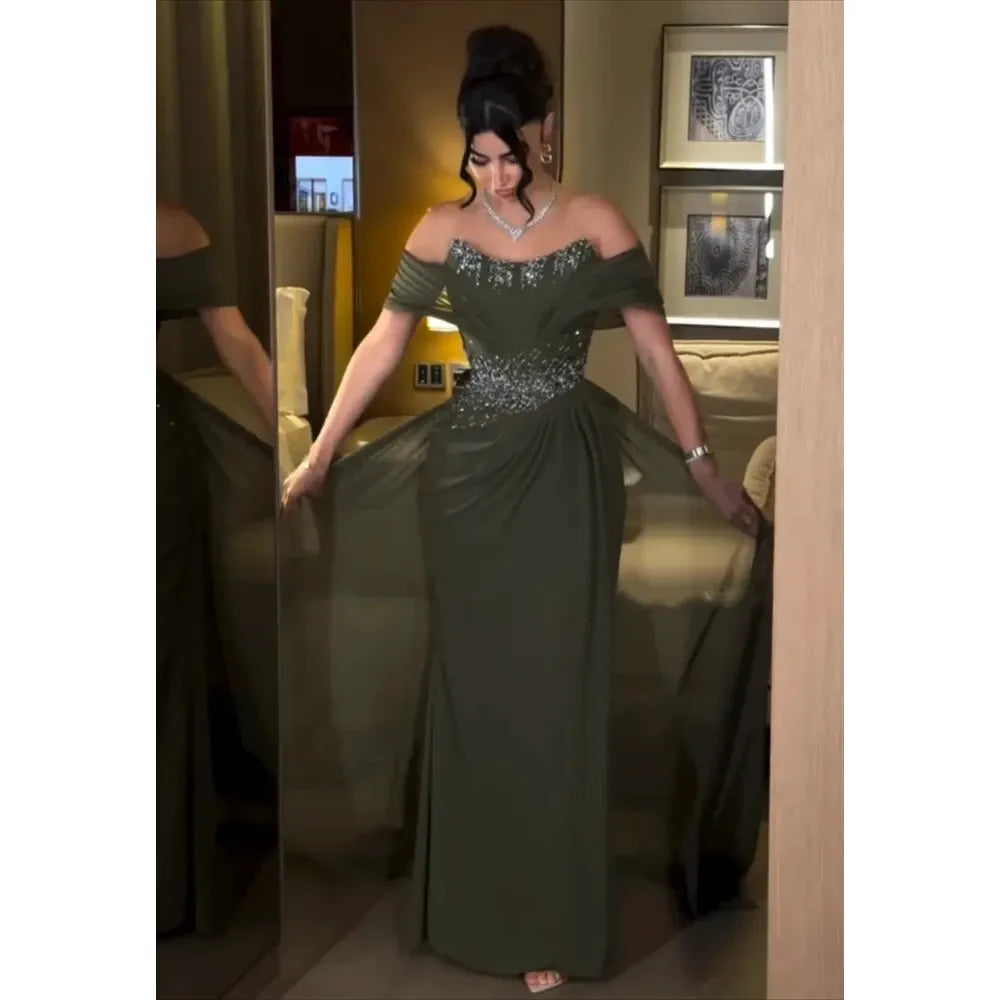 Off-Shoulder Chiffon Mermaid Evening Gown with Crystal Detail