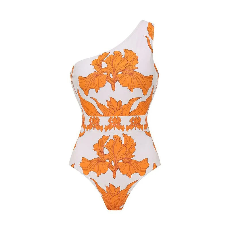 Elegant Summer Women One Shoulder Iris Print One Piece Swimsuit and Pants LADYLYS