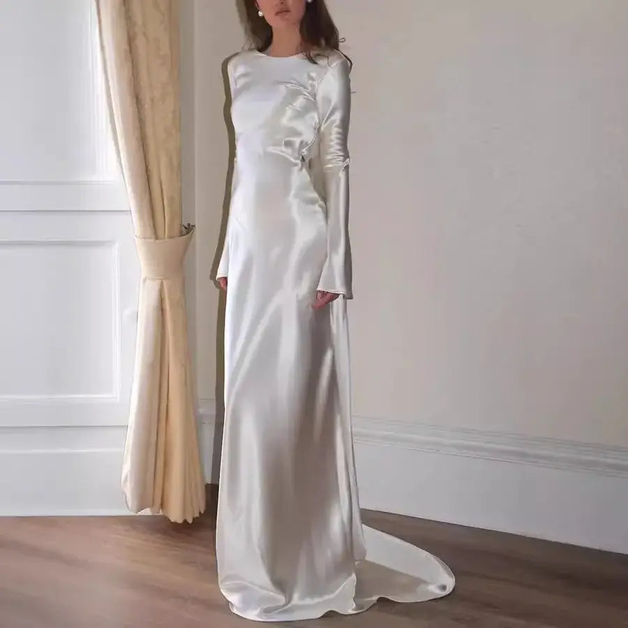 Ivory Backless Mermaid Maxi Dress with Long Sleeves