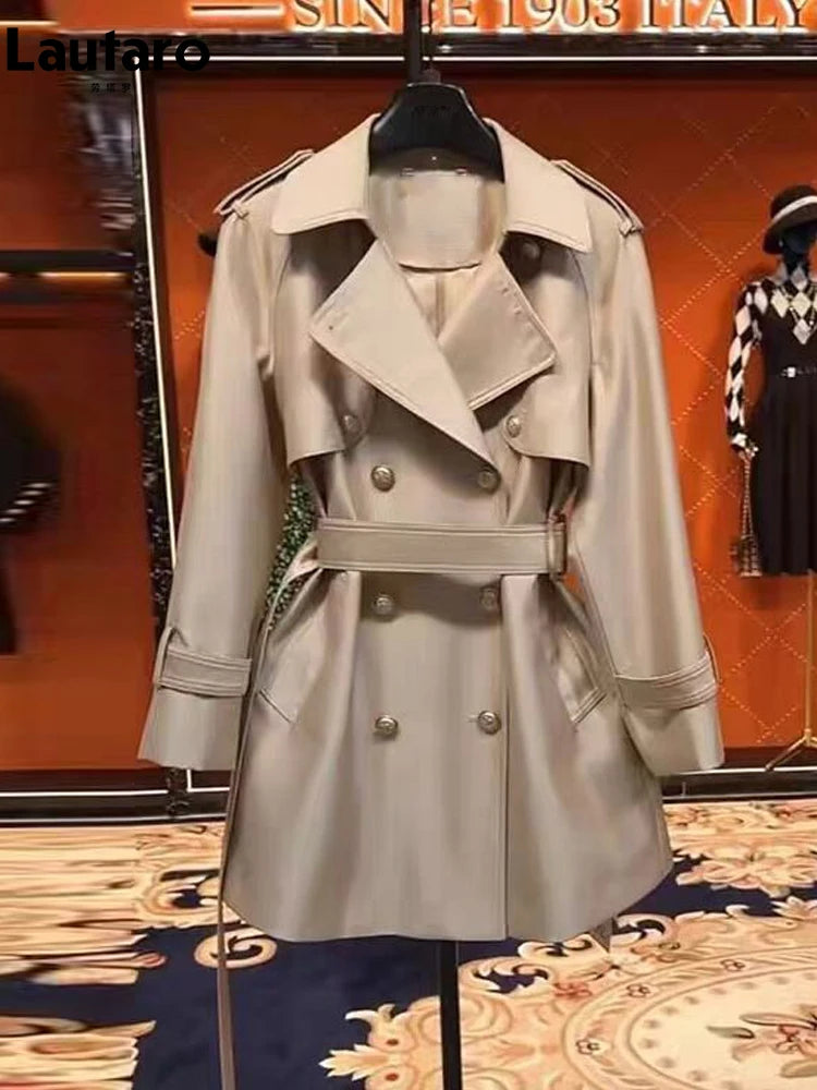 Women's Khaki Satin Trench Coat – Double-Breasted, Belted, Elegant Fit