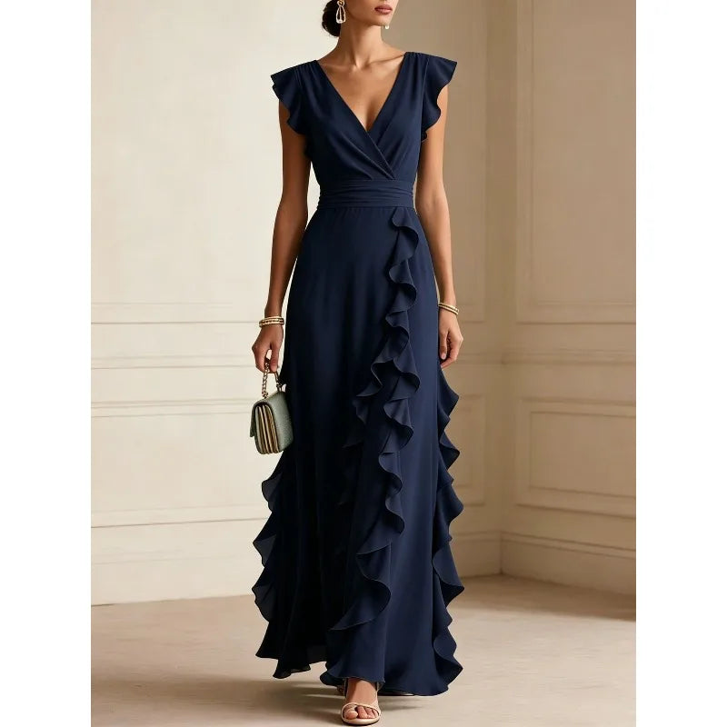 Women's Elegant Ruffle Sleeveless V-Neck Maxi Dress – Bohemian Party & Evening Gown