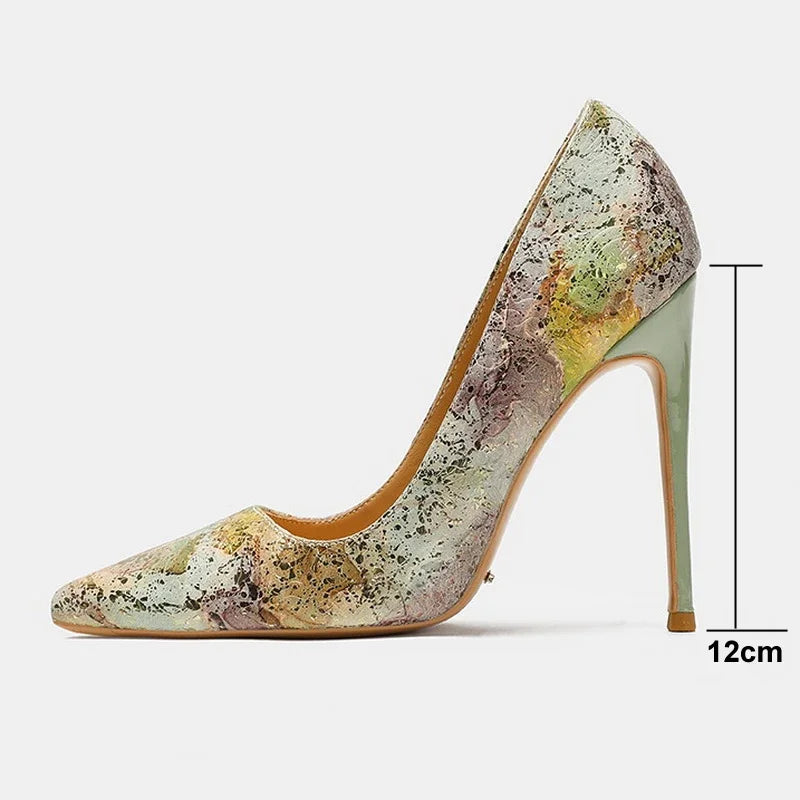 Women Cowhide High Heel Shoes Printed Leather Versatile Pumps LADYLYS