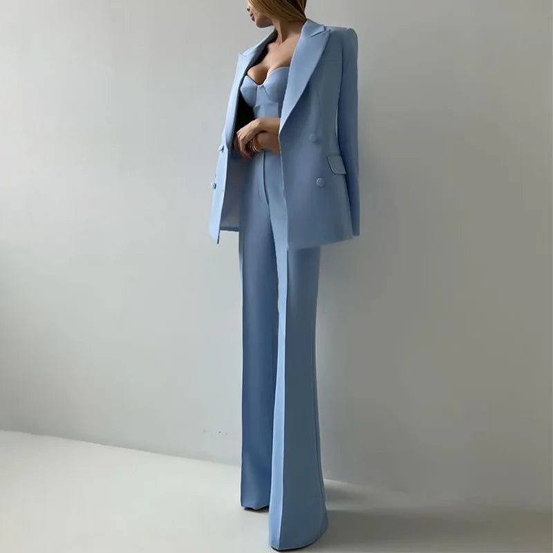 New Light Blue Emerald Violet Color Options Strapless Top Flare Pants Blazer Suit Temperament Commute Three Piece Women Outfit LADYLYS