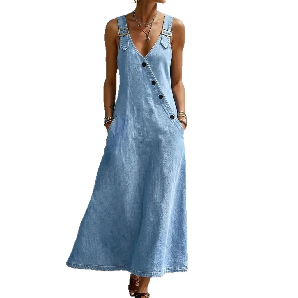 Women Denim Suspender Dress Sleeveless Overall Dresses Distressed Backless V Neck Button Washed Vestidos Summer Sundress A Line LADYLYS