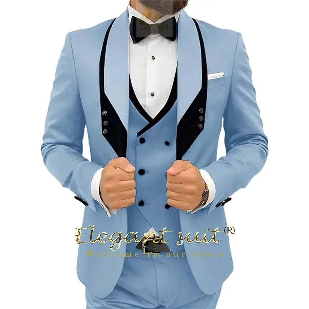 Men's black collar 3 piece suit (single button jacket vest and trousers)elegant slim fit tuxedo LADYLYS