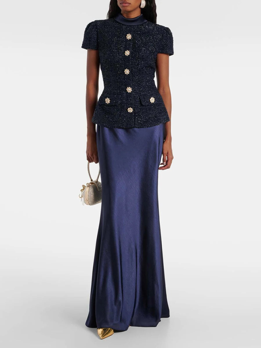 Sets Stand Collar Short Sleeves Spliced Pocket Tweed Top High Waist Maxi Skirts Vintage Suit LADYLYS