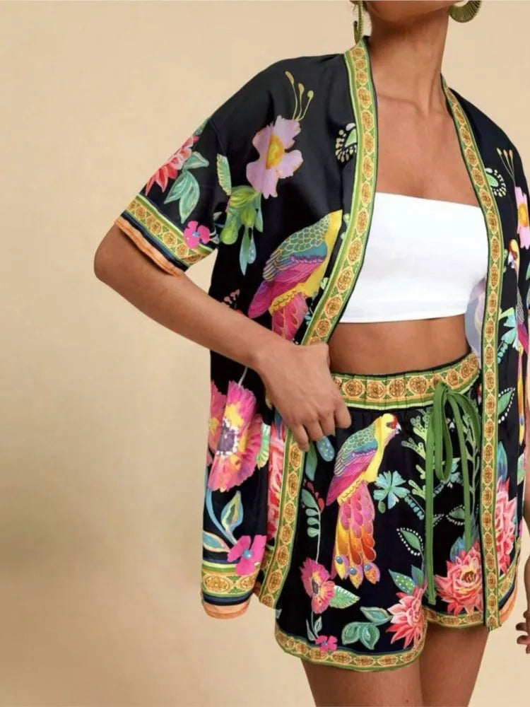 Casual Printed Cardigan Short-sleeved Top Shorts Two-piece Set LADYLYS