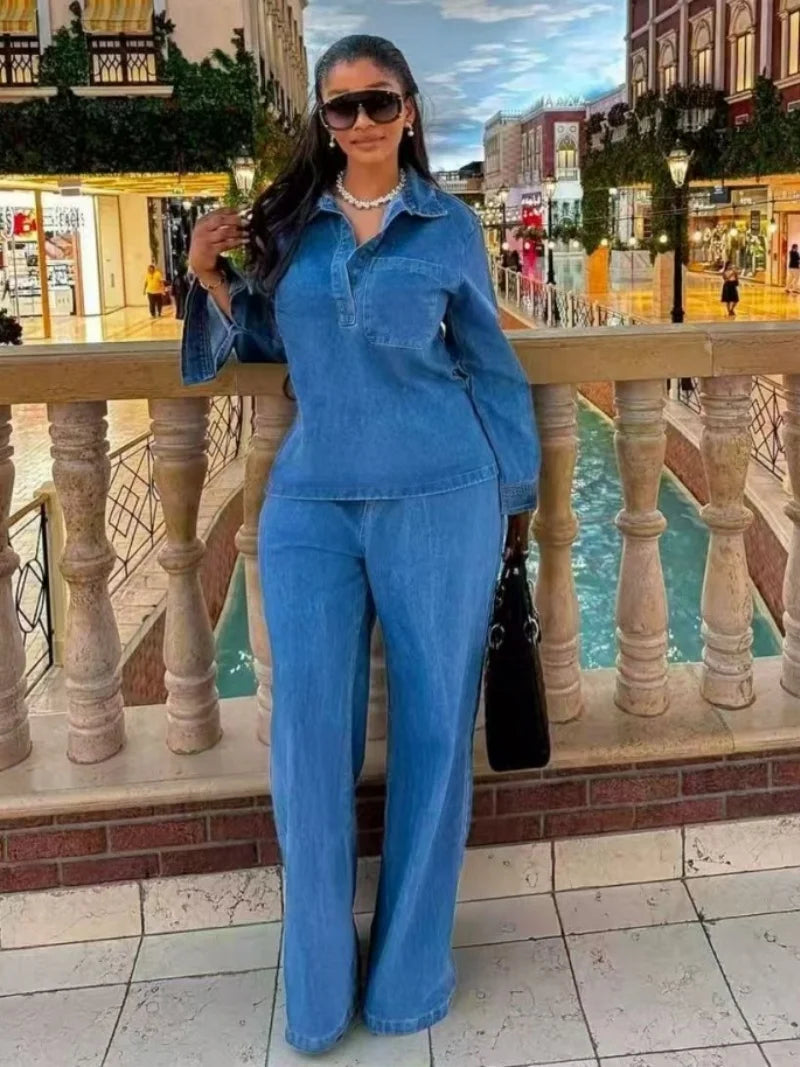 Women's Vintage Denim Shirt and Straight-Leg Jeans Set