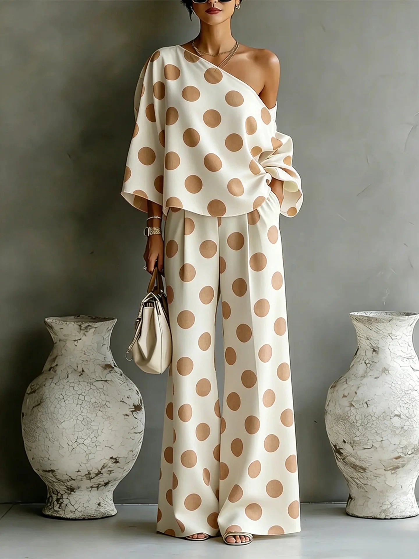 Summer New Color Wave Point Set Women Slant Shoulder Open Back Top+High Waist Wide Leg Pants Vacation Style Loose 2 Piece Suit LADYLYS