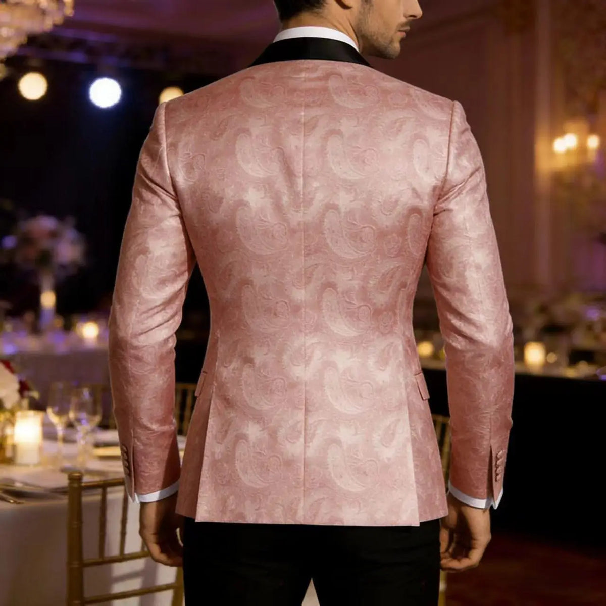 Men’s Pink Paisley Tuxedo Blazer with Black Satin Lapel