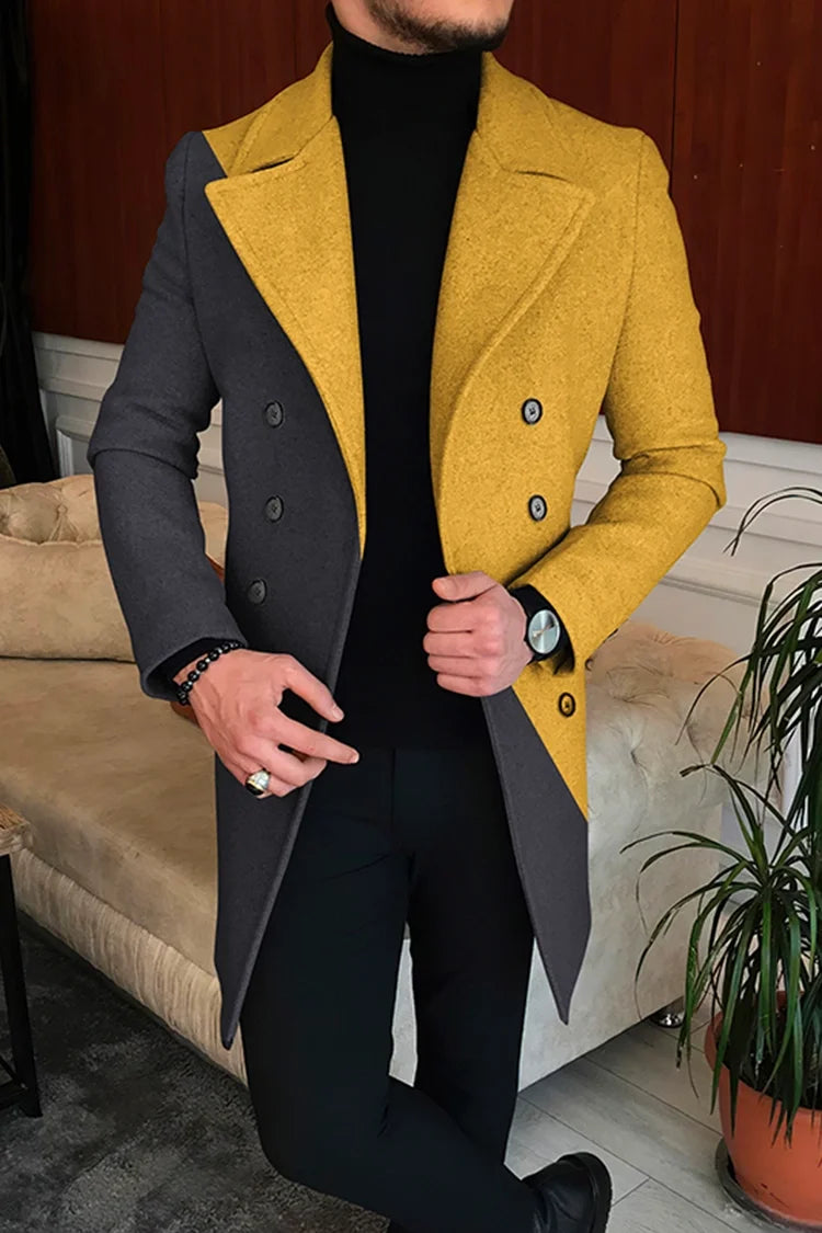 Men's Printed Long Overcoat with Lapel Collar and Button Front