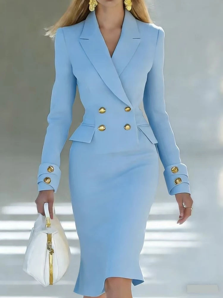Elegant V-neck Double breasted Blazer Dress Fashion Commute Hight Waist Solid LADYLYS