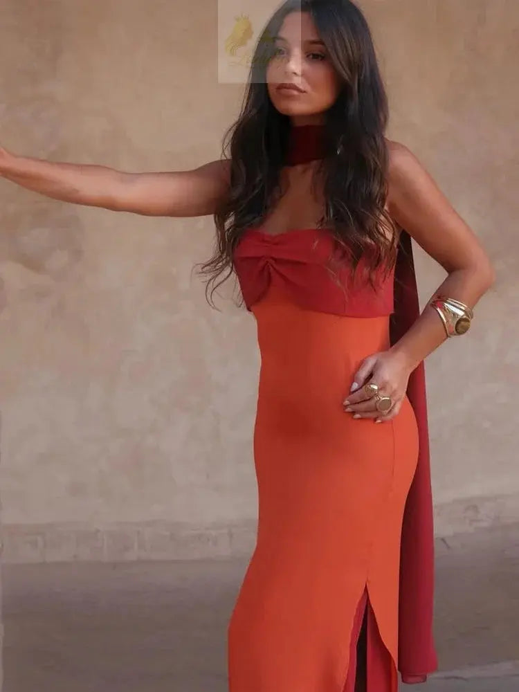 Blocking Scarf Collar Sling Dress Sexy Split Waist Cinching Bodycon Maxi Gowns LADYLYS
