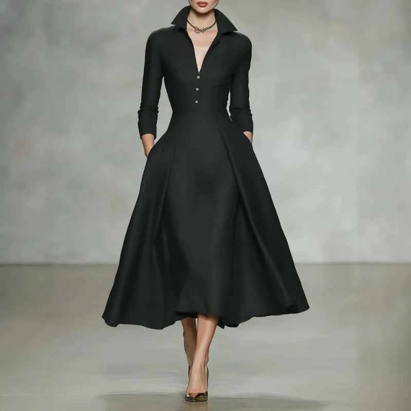 Women's Elegant V-Neck Long Sleeve Shirt Dress with Cinched Waist and Flared Skirt
