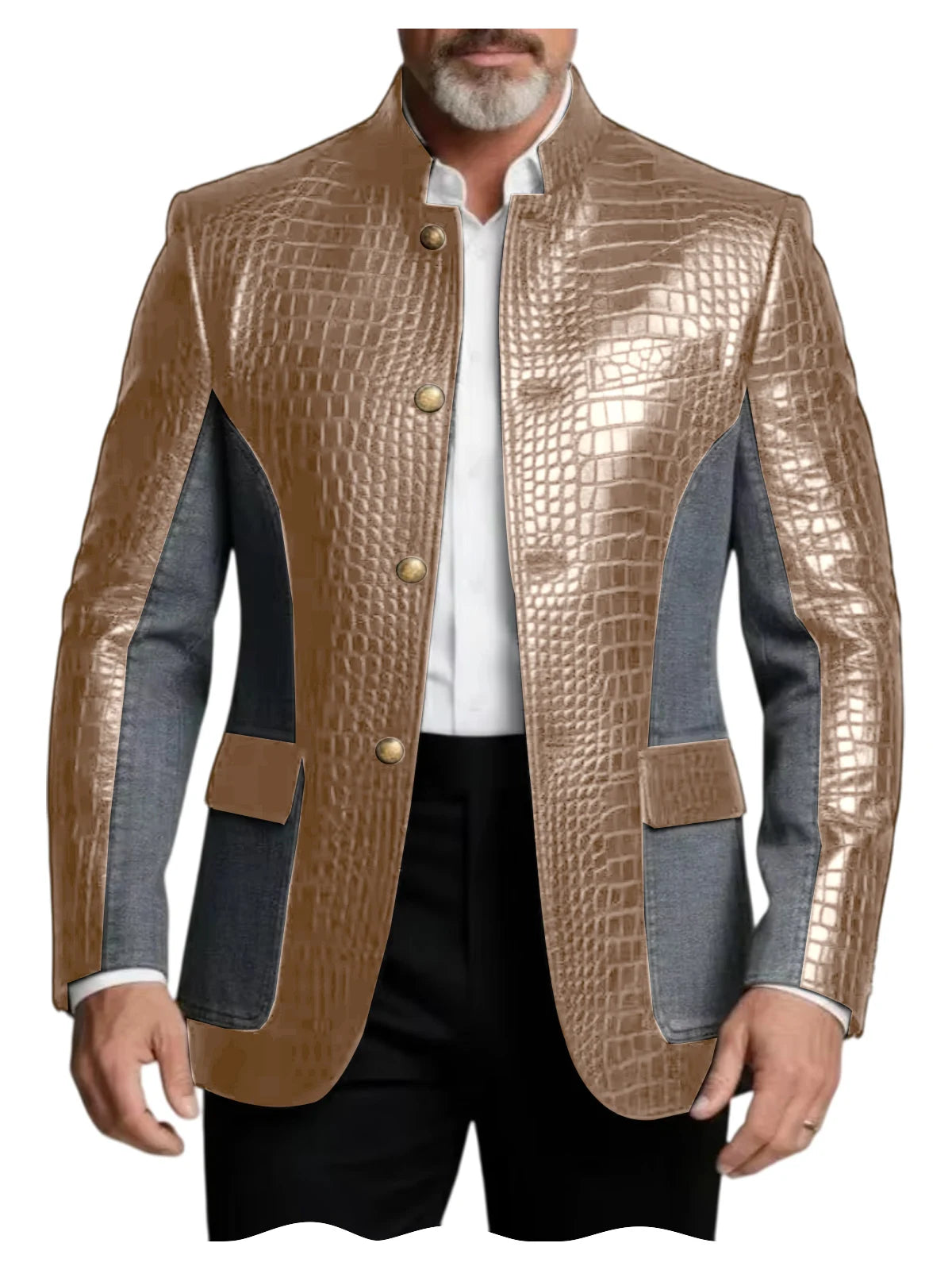 Men's Crocodile Embossed Leather Brown Jacket Patchwork Denim Luxury PU LADYLYS