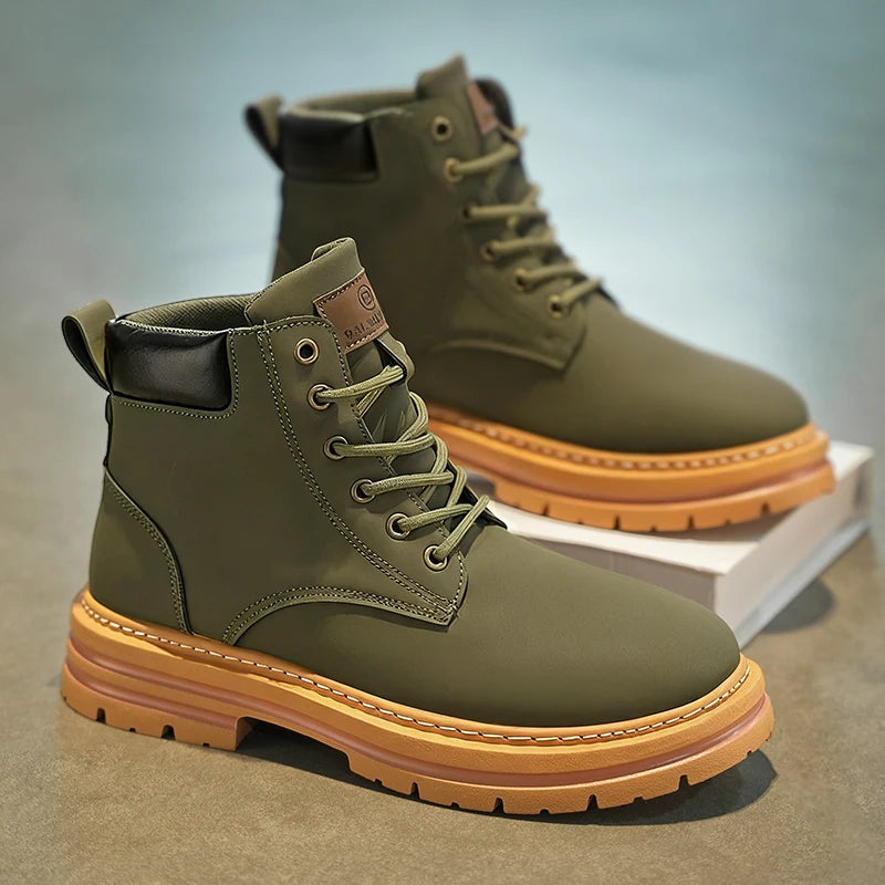 Men's Heavy-Duty All-Terrain High-Top Ankle Boots – PU & Stretch Fabric Motorcycle Boots in Plus Sizes