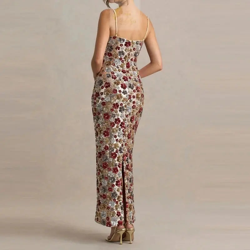 Elegant Flower Sequin Slim Suspender Sexy Long Dress LADYLYS