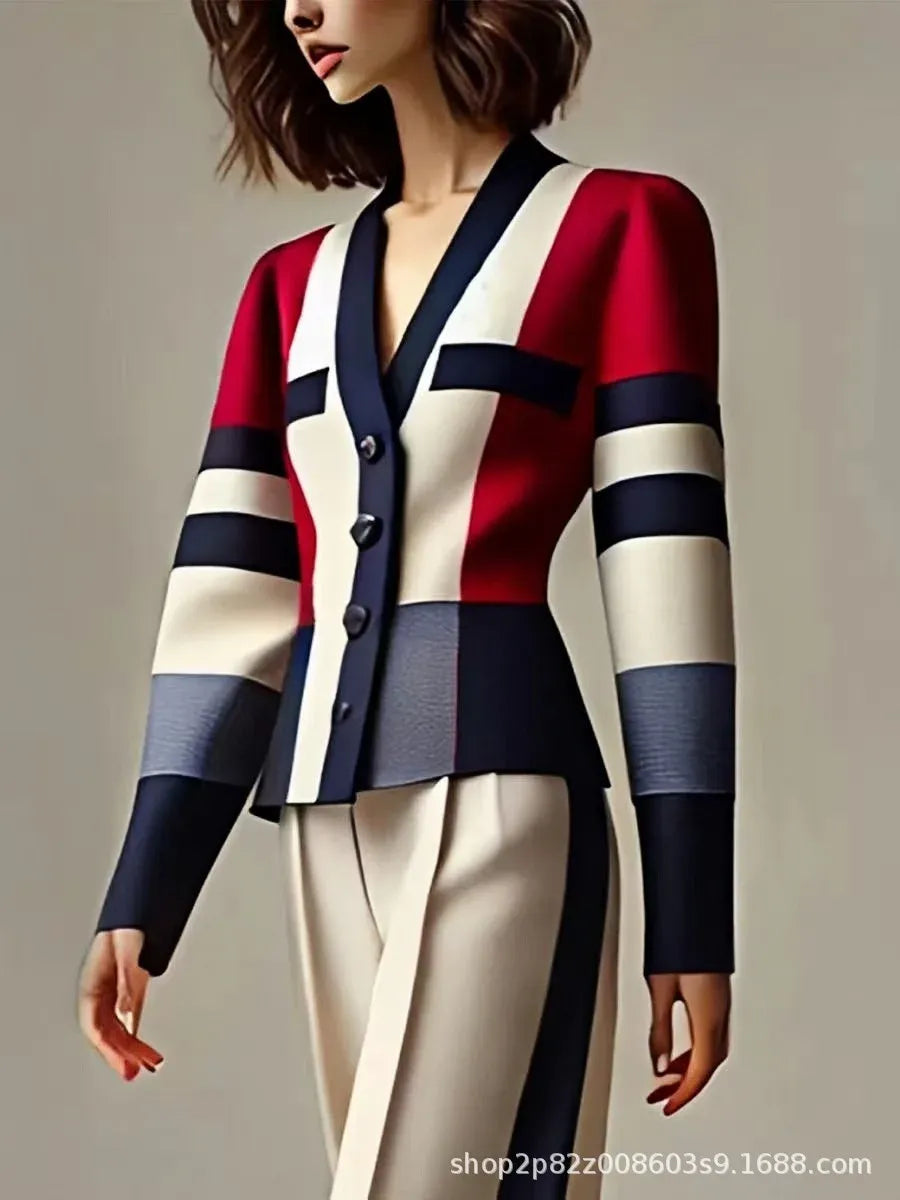Women's Red Colour-Block Blazer & Trousers Set