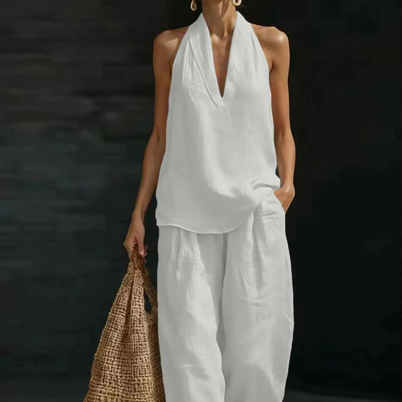 Women Linen 2 Piece Outfit Halter V Neck Sleeveless Tank Top Wide Leg Pants LADYLYS
