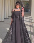Chiffon A-Line Formal Gown with Square Neck and Lace Stole