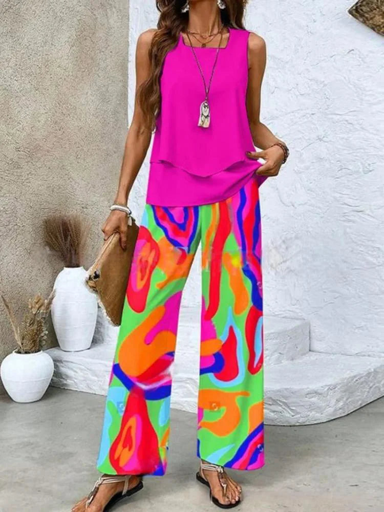 Summer Print Women Two Piece Set Fashion Top Sleevelss Elegant Suits LADYLYS