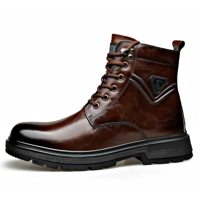 Men's Genuine Leather Platform Ankle Boots – Lace-Up Wool-Lined Waterproof Work Boots
