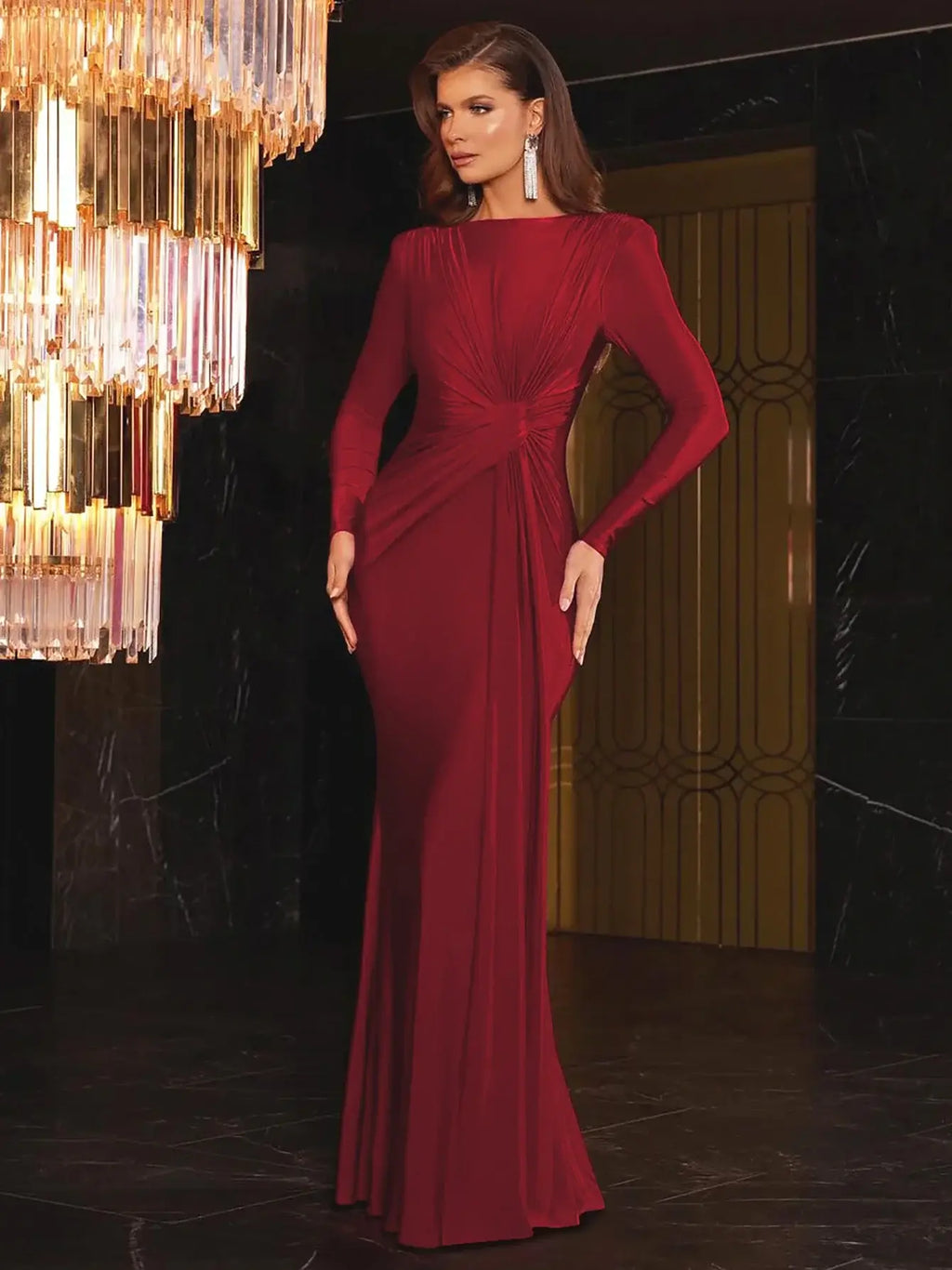 Ruched Bodycon Maxi Dress with Long Sleeves and Fishtail Hem