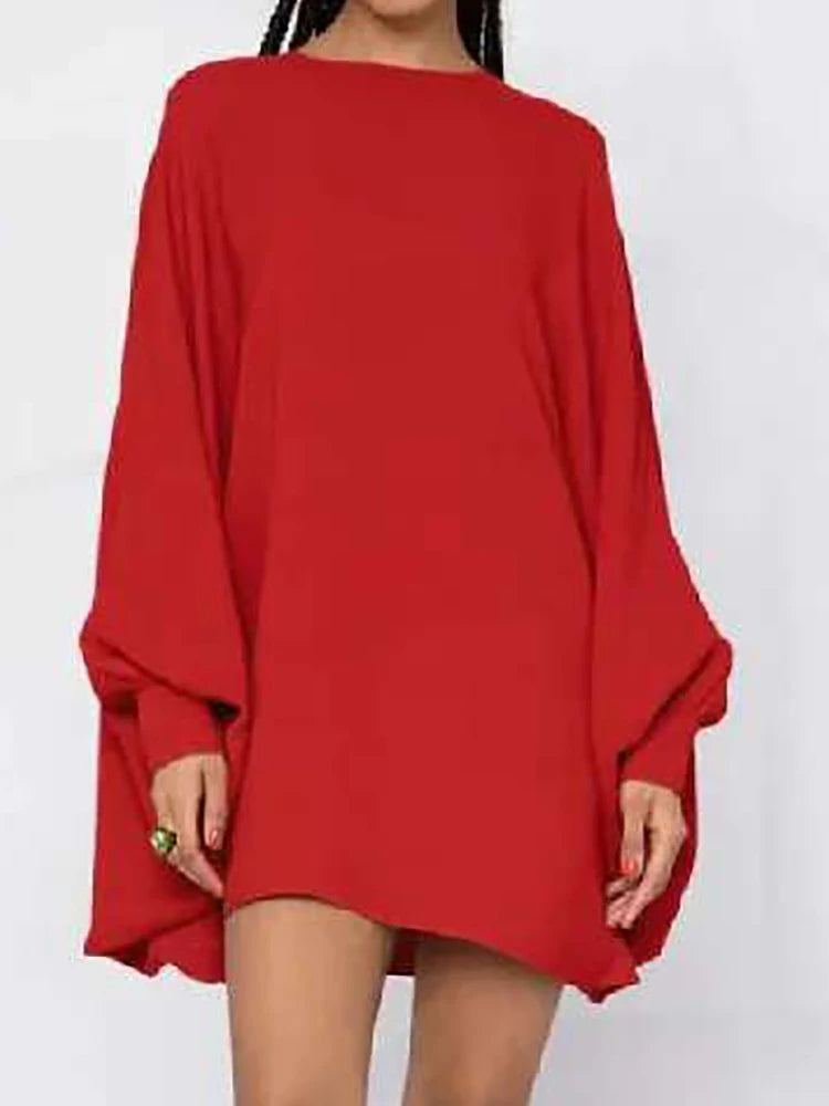 Batwing Sleeve Mini Dress – Turtleneck Loose Fit Patchwork | Casual Holiday & Party